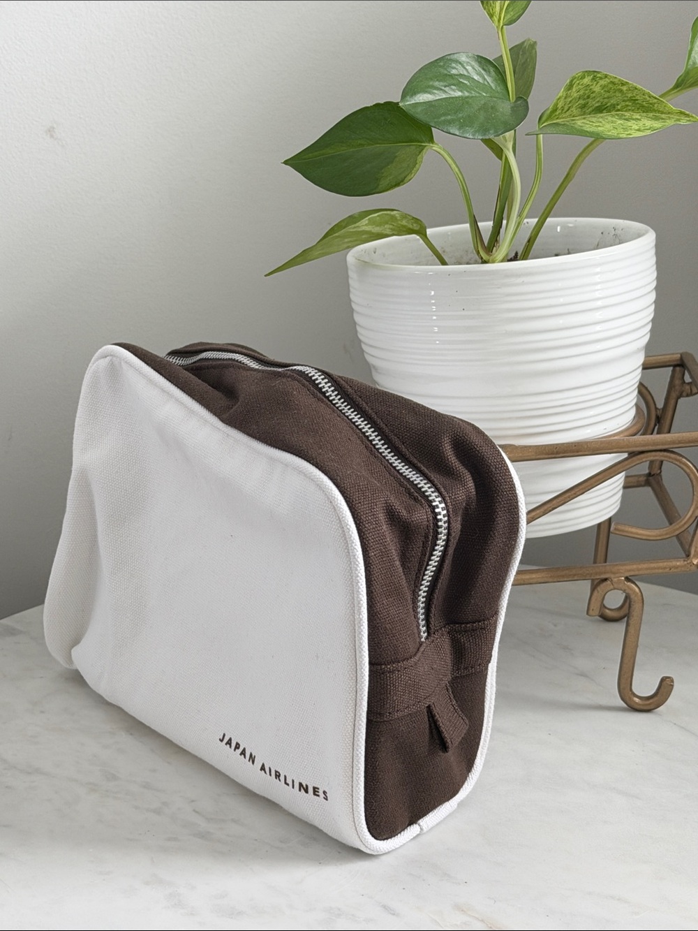 Brown Canvas Travel Pouch with White Trim